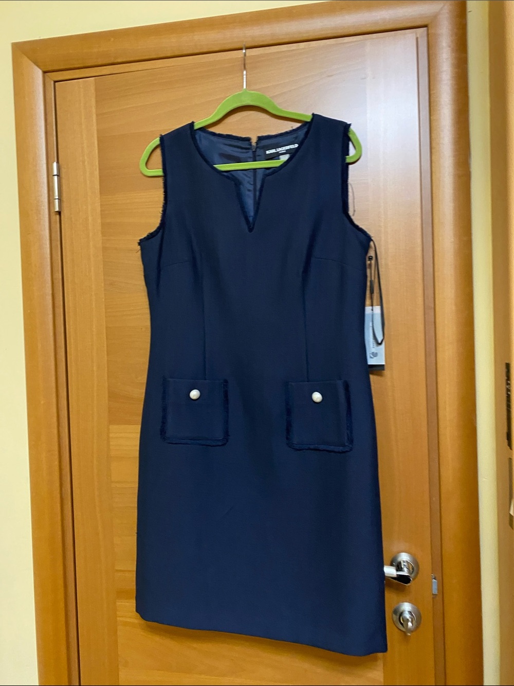 Karl Lagerfeld Navy Sleeveless Shift Dress with Front Patch Pockets